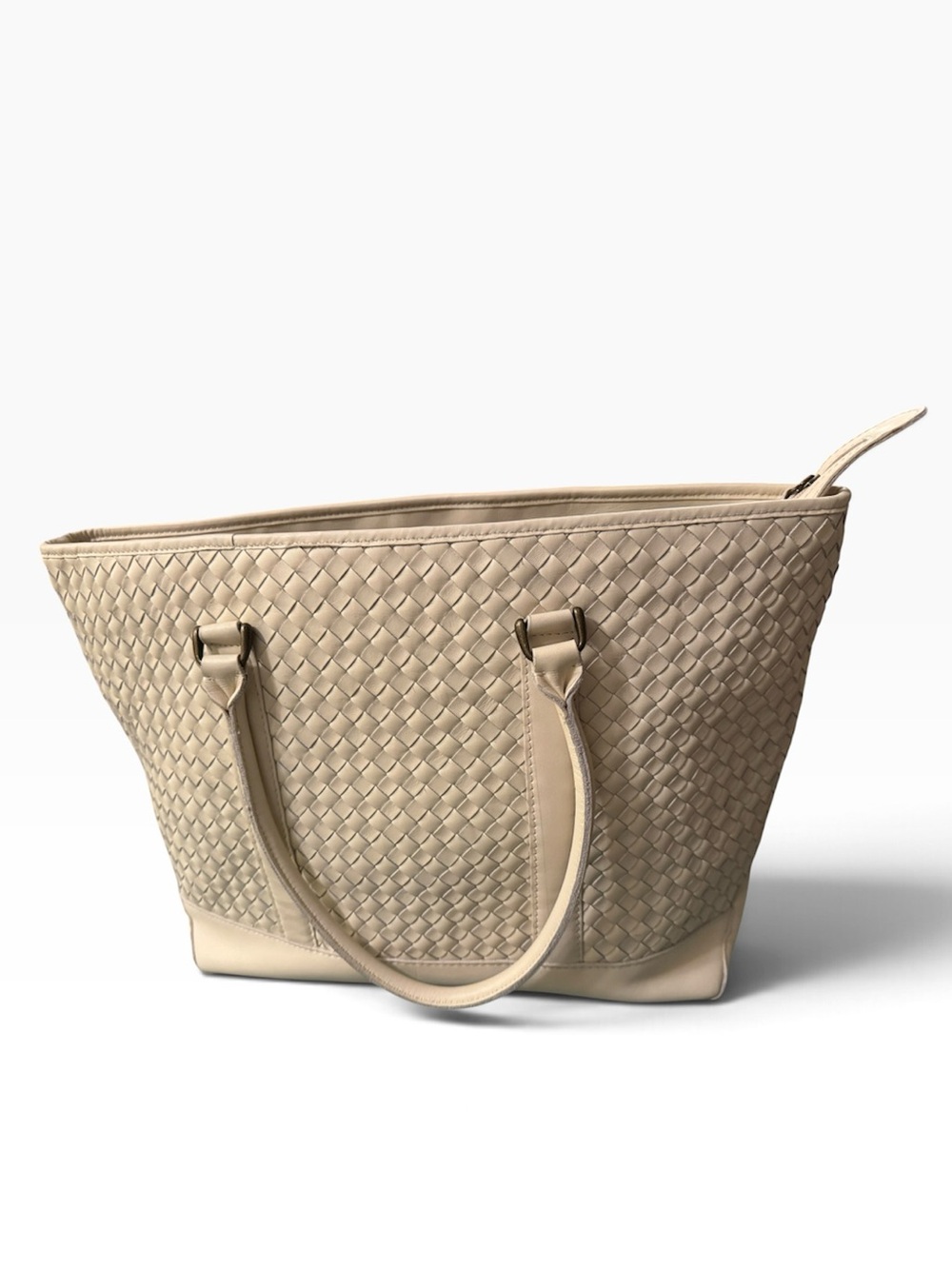 LL Bean vintage Large Leather Tote Ivory White Basket Weave